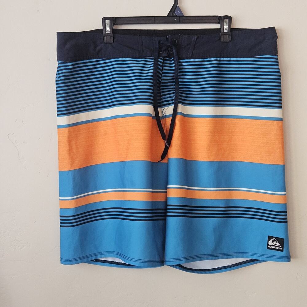 Quiksilver Board Shorts Men 40 Striped Trunks Blue Orange Drawstring, Beach